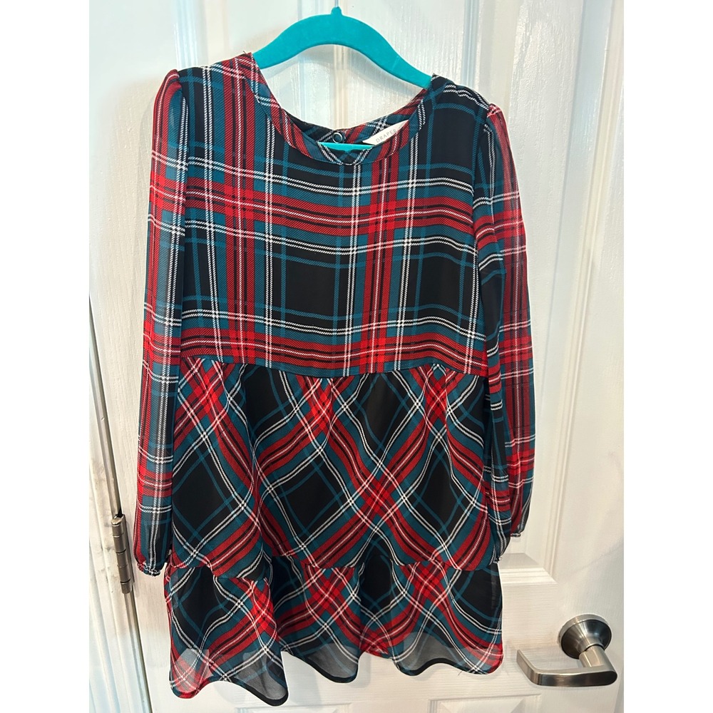 Draper James Plaid Dress Red Green Holiday Tiered Ruffle Long Sleeve Kids XS